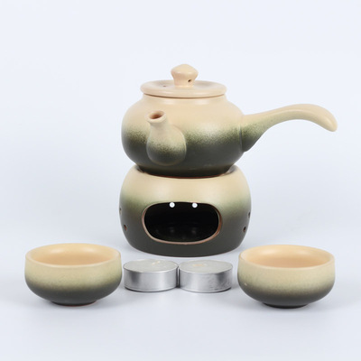 日式仿古蜡烛煮茶壶温酒壶一壶两杯功夫茶具侧把壶蜡烛陶瓷保温
