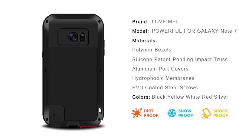LOVE MEI Powerful Water Resistant Shockproof Dust/Dirt/Snow Proof Aluminum Metal Outdoor Heavy Duty Case Cover for Samsung Galaxy Note 7