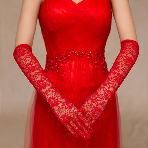 Wedding dress gloves etiquette performance long white red black short bridal gloves lace sun protection wedding
