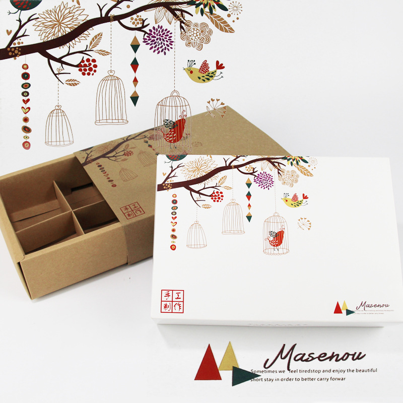 6粒小格装63-80g两款花鸟抽屉式牛皮月饼盒 封套式蛋黄酥伴手礼盒