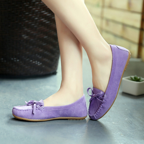2019 New European and American Bowknot Tassel Cowhide Soft Bottom Flat Low Heel Single Shoes Round Toe Bean Shoes Pregnant Women's Shoes 