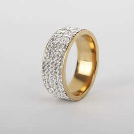 欧美时尚流行五排钻 金色 银色不锈钢陶泥满钻戒指 速卖通热销