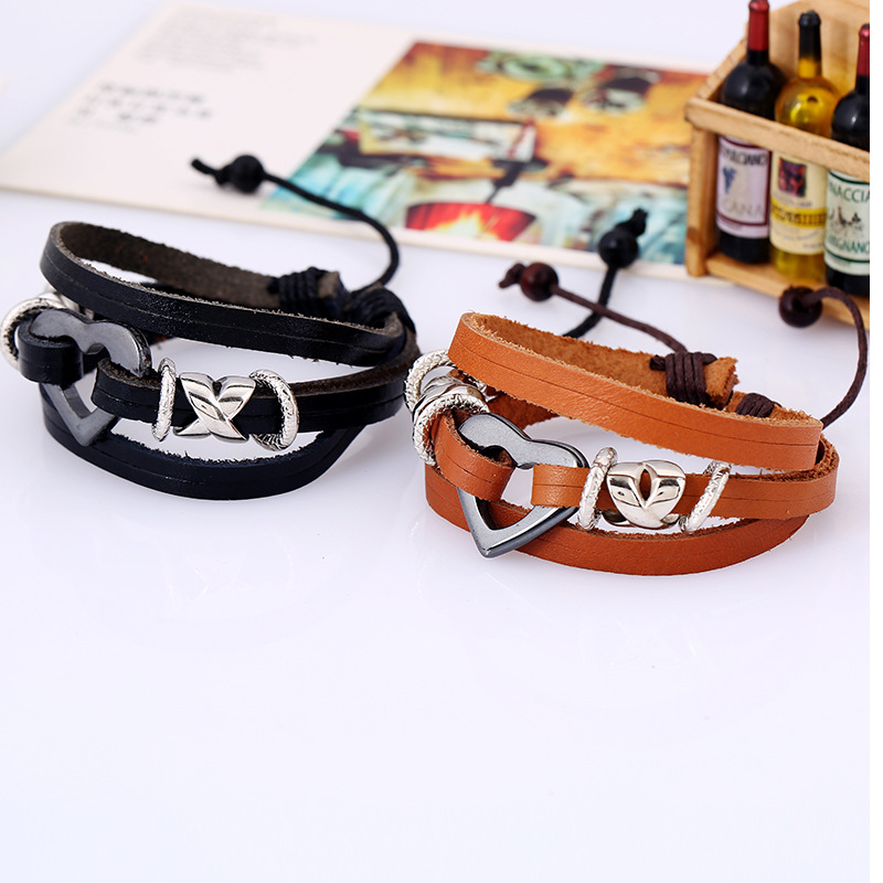 New beaded leather bracelet simple fashion jewelry heart couple leather braceletpicture1
