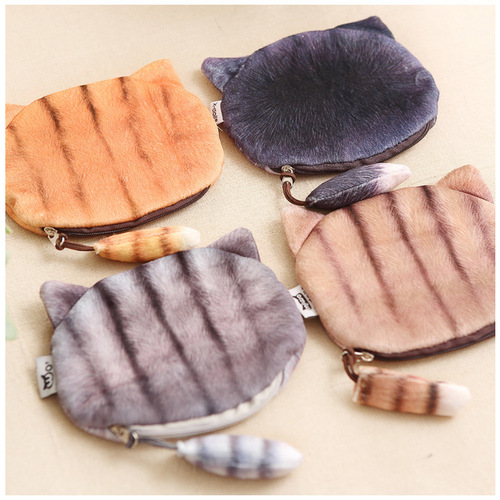 New cat plush mobile phone bag with tail three-dimensional cat coin purse wholesale cosmetic bag headphone data cable storage