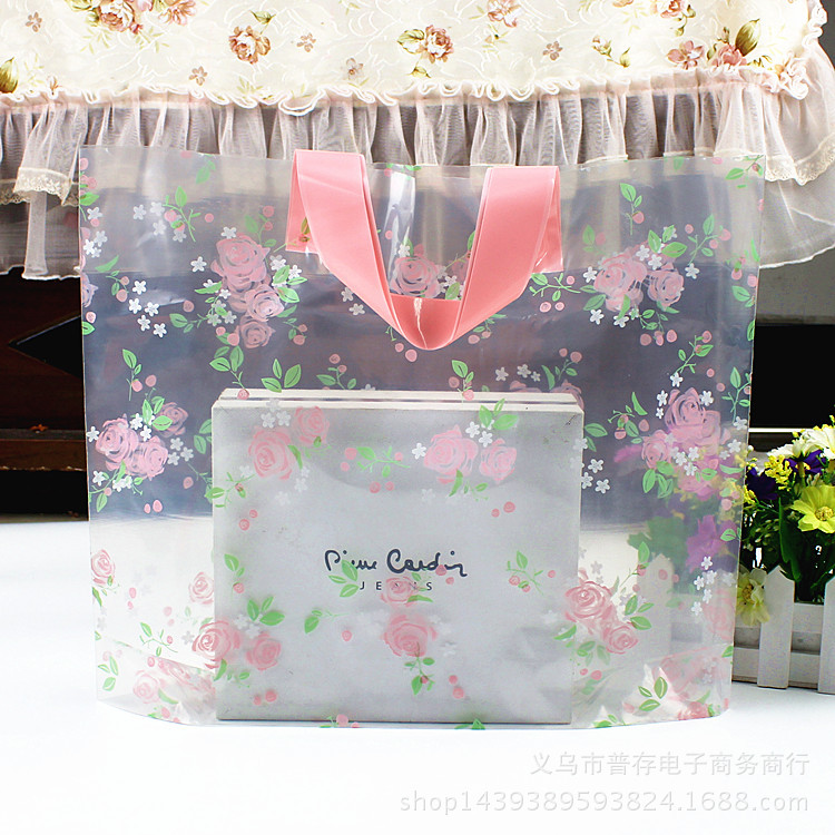 厂家直销透明玫瑰花加厚手提包装袋服装塑料袋化妆品购物袋子定做