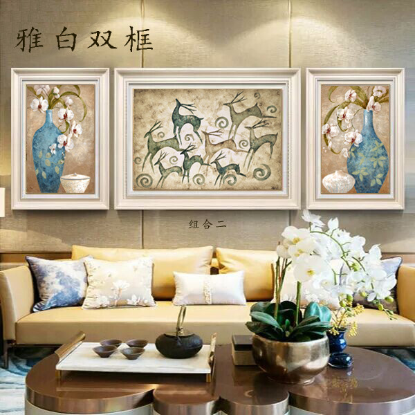 美式装饰画客厅欧式复古壁画墙壁挂画沙发背景画三联油画批发财鹿
