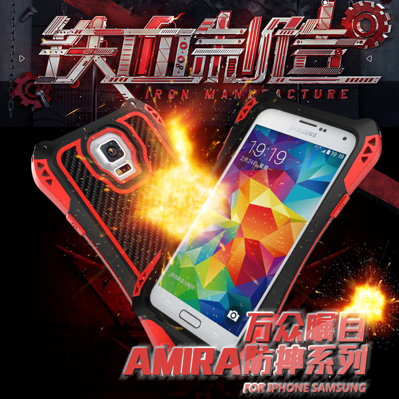 R-Just Amira Heavy Duty Dirtproof Shockproof Rainproof Aluminum Metal Bumper Carbon Fiber Back Cover Case for Samsung Galaxy S5