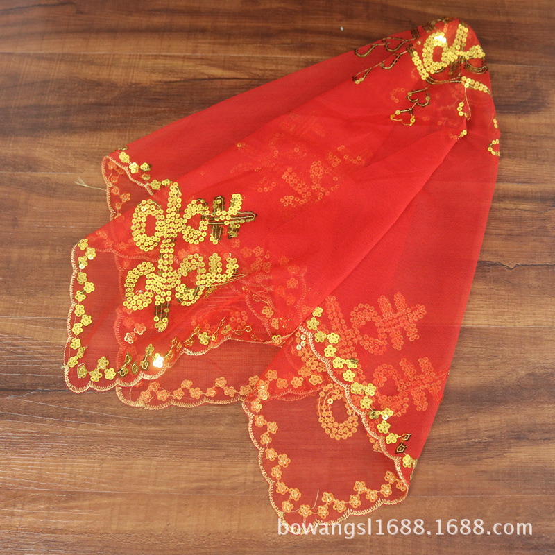 Venta al por mayor nudo boda suministros nupcial accesorios personalizados cubierta roja bufanda lentejuelas doble felicidad cubierta roja