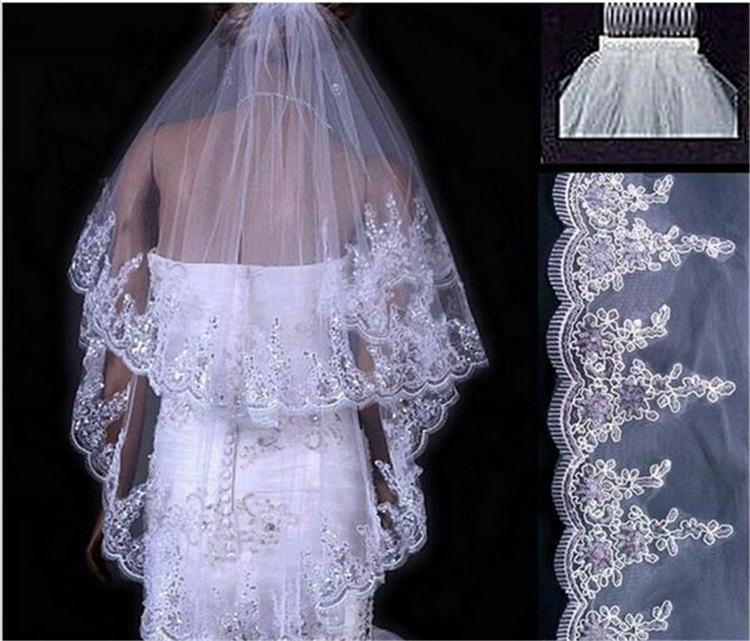 Bride's Wedding Yarn Double-Layer Comb Three-Dimensional Rib Sequins Lace Headwear Off-White Bride's Wedding Yarn Double-Layer Comb Three-Dimensional Rib Sequins Lace Headwear Off-White