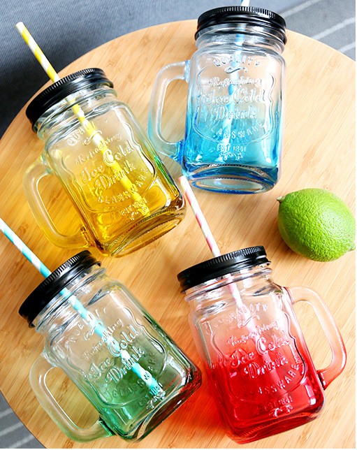 渐变彩色梅森玻璃瓶 果汁饮料透明带盖送硬塑料吸管水杯子