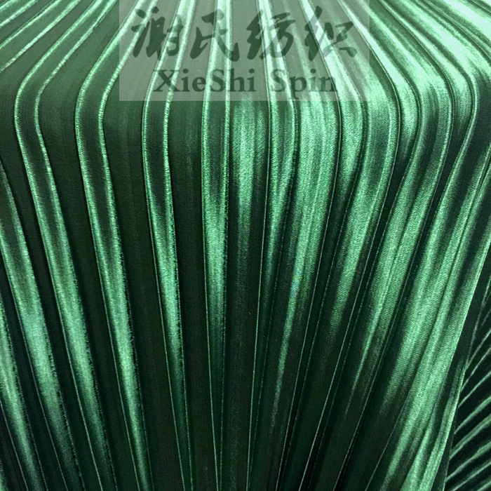 服装布料 电光祖母绿色纹风琴褶压皱百褶仿真丝色丁 不透裙子面料