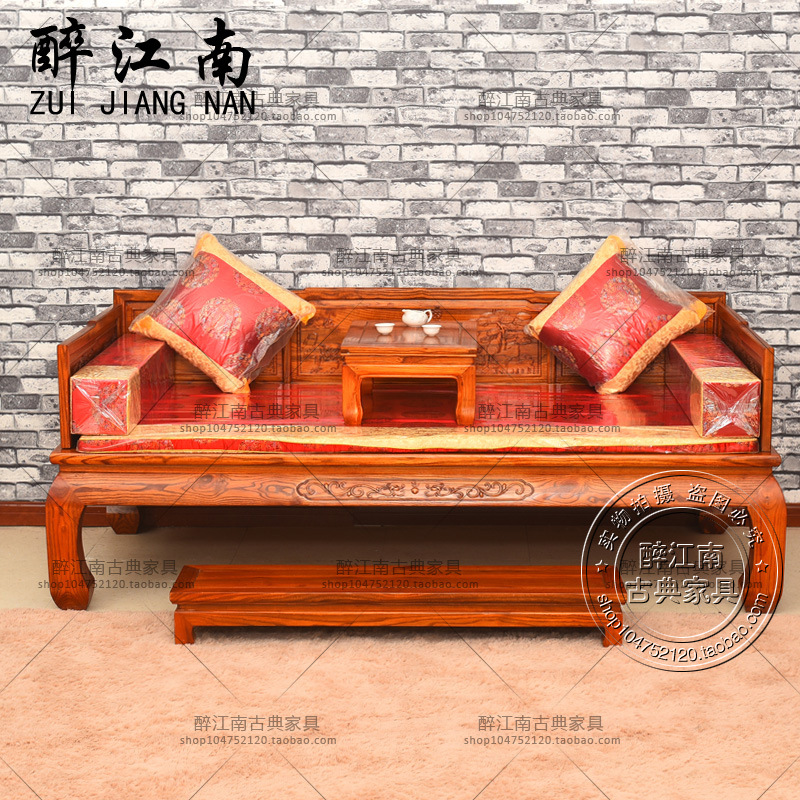 山水花鳥羅漢床1米1.2米1.5米中式榆木腳榻沙發床實木雕花羅漢床