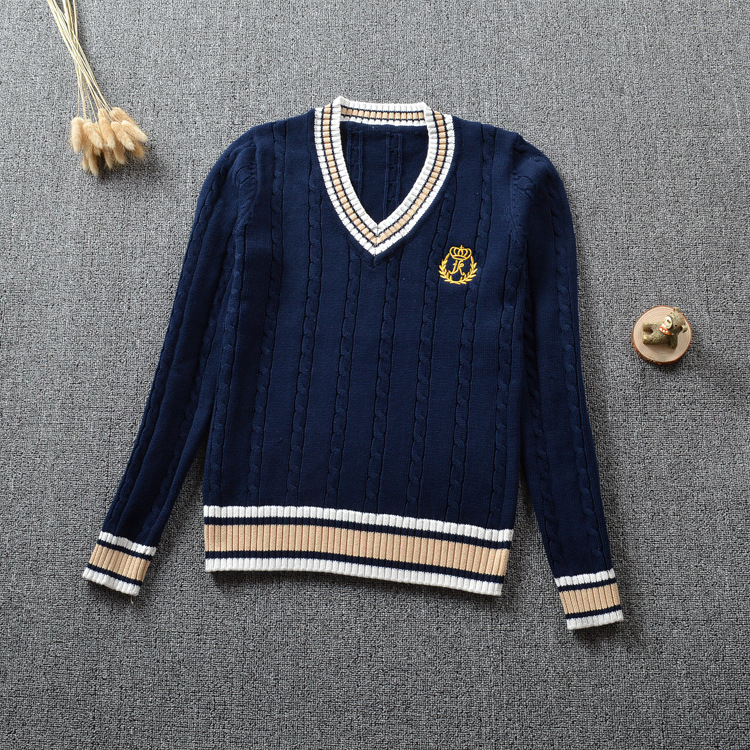 Other V-Neck Sweater Cable Knit Embroidered College Style Navy