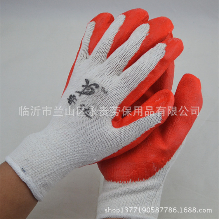 睿达白纱红挂胶手套 纱线浸胶手套耐磨防滑防割胶手套