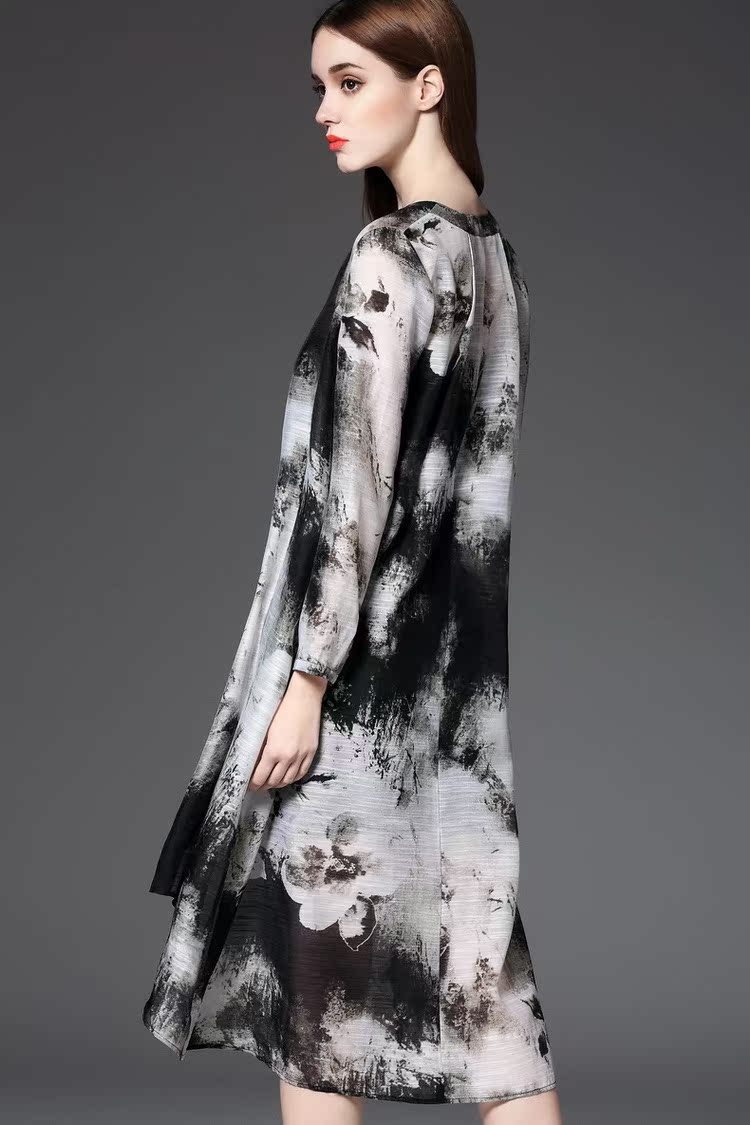 春夏新款 歐美復古 古典水墨印花拼接氣質薄外套