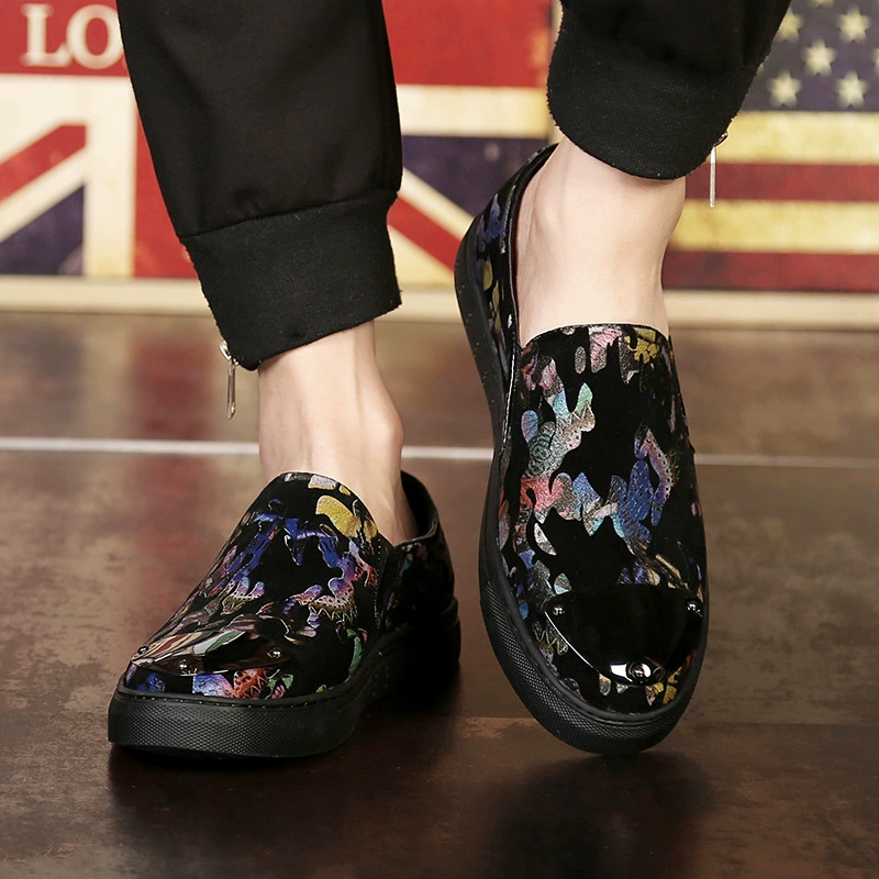 Новые матовые лоферы в Корейском стиле с круглым носком и цветочным принтом, мужские без шнуровки