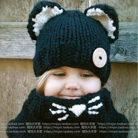 新款儿童手工猫咪耳朵围巾帽子套装 男女童韩版帽围两件套