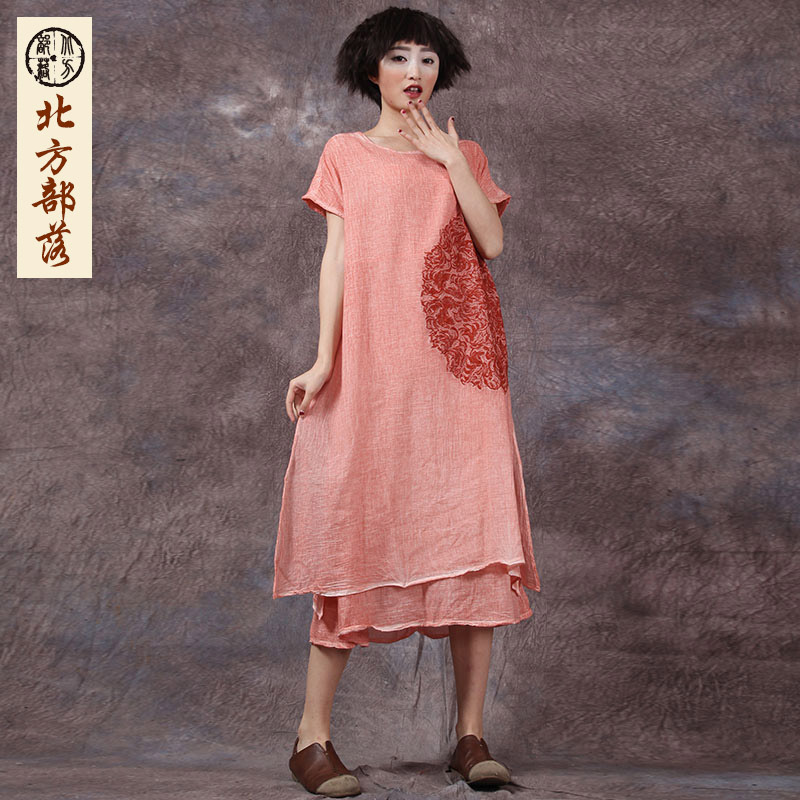 北方部落2019夏季新款 原创棉麻文艺 纯棉圆领绣花中长裙950303|ru