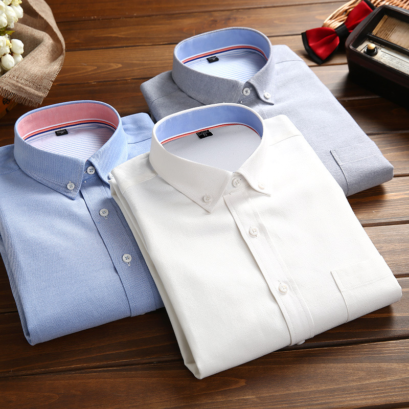 棉男式长袖衬衫商务休闲牛津纺纯色打底衬衫长袖韩版扣领寸衣