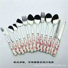 韩国可爱奶牛纹陶瓷柄筷子刀叉勺子不锈钢西式餐具咖啡勺单支批发