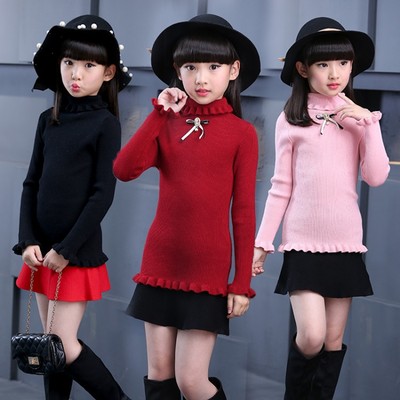 童装秋冬新品女童纯色针织衫中大童泡泡袖毛衣女孩修身款高领代发|ru