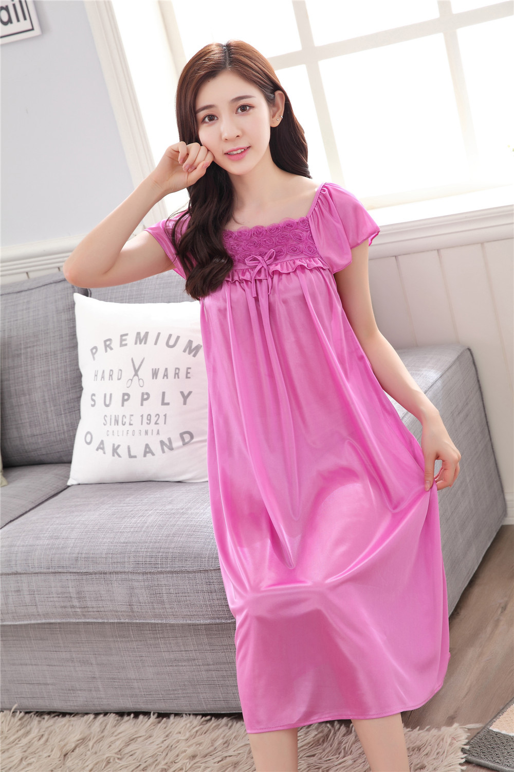 Women Sleepwear Pajamas Long Skirt Silk Comfortable Wear 4 Colour