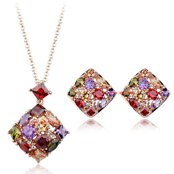 Rainbow Zircon Set Square Pendant Necklace Earrings Set display picture 1