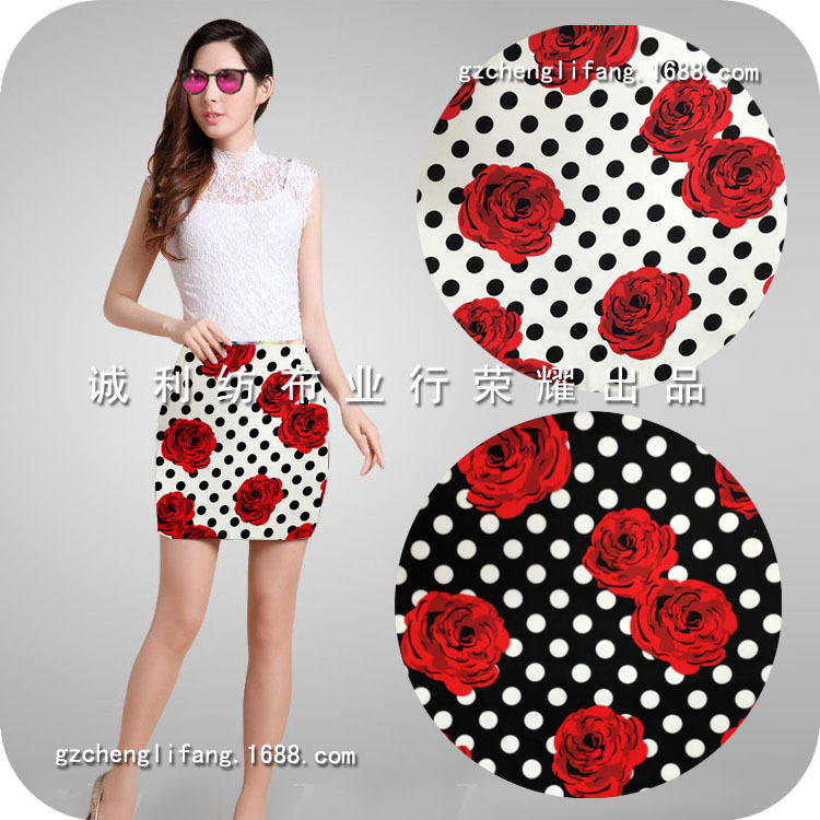 全棉活性斜纹弹力 女装裙子印花花布 圆点玫瑰花 秋裤装印花面料