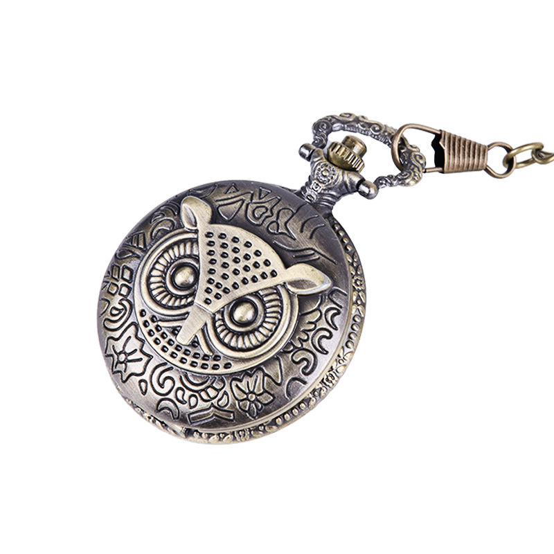 Nostalgic cute owl vintage pocket watch large thick chain embossed owl pocket watch manufacturers wholesale 8084