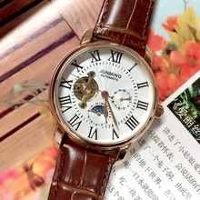 JUNMING玫瑰金皮带男士防水机械手表真三盘五针商务男表微商货源