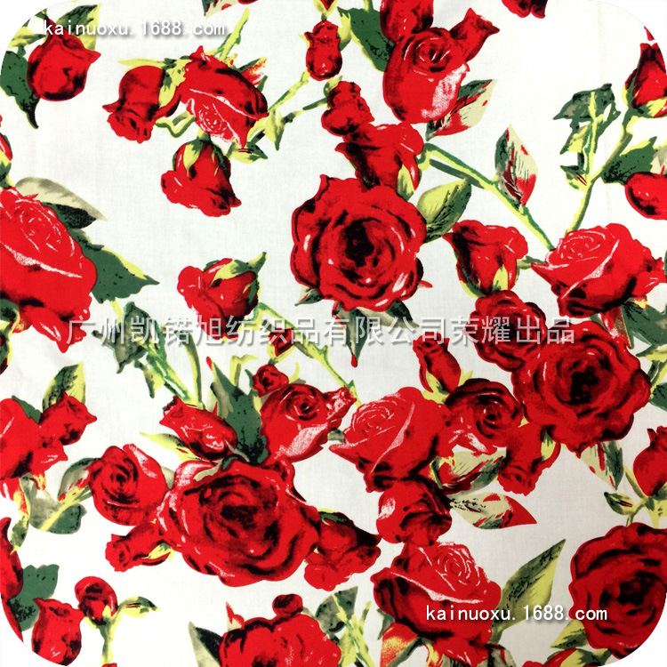 日韩女装玫瑰花 棉布斜纹印花布 活性弹力印花面料  裤装印花布料