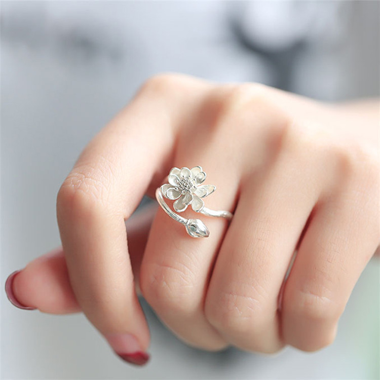 s925 Sterling Silver open ring temperament lotus ring Korean sterling silver jewelry wholesale