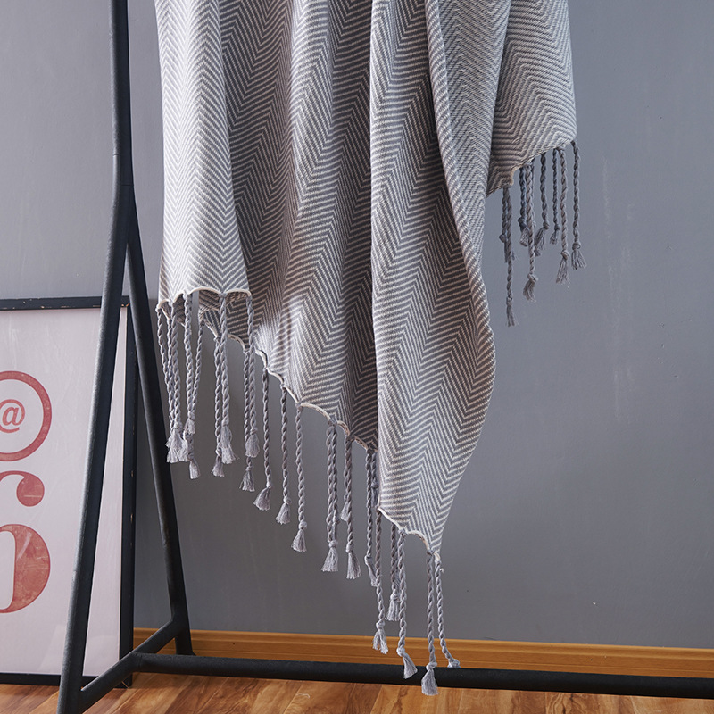 北欧风格人字纹流苏全棉针织毯子家居搭配盖毯空调毯膝盖毯