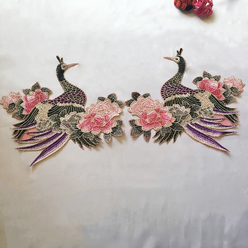 大号无背胶网布刺绣 孔雀与牡丹 旗袍衣服布贴 复古装饰花贴补丁