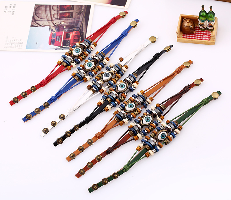 20g Weight Resin Inlay Material Retro Eye Pu Leather Beaded Resin Men'S Bracelets Men Cord & Leather Bracelets