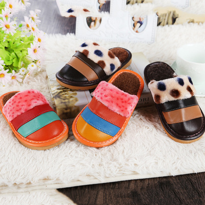 小孩居家拼色真皮拖鞋家居室内牛筋底保暖时尚棉拖鞋冬季厂家批发