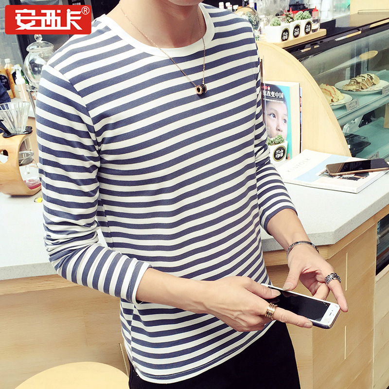 秋季大碼男士長袖T恤韓版修身圓領套頭條紋t恤男潮38工廠,批發,進口,代購