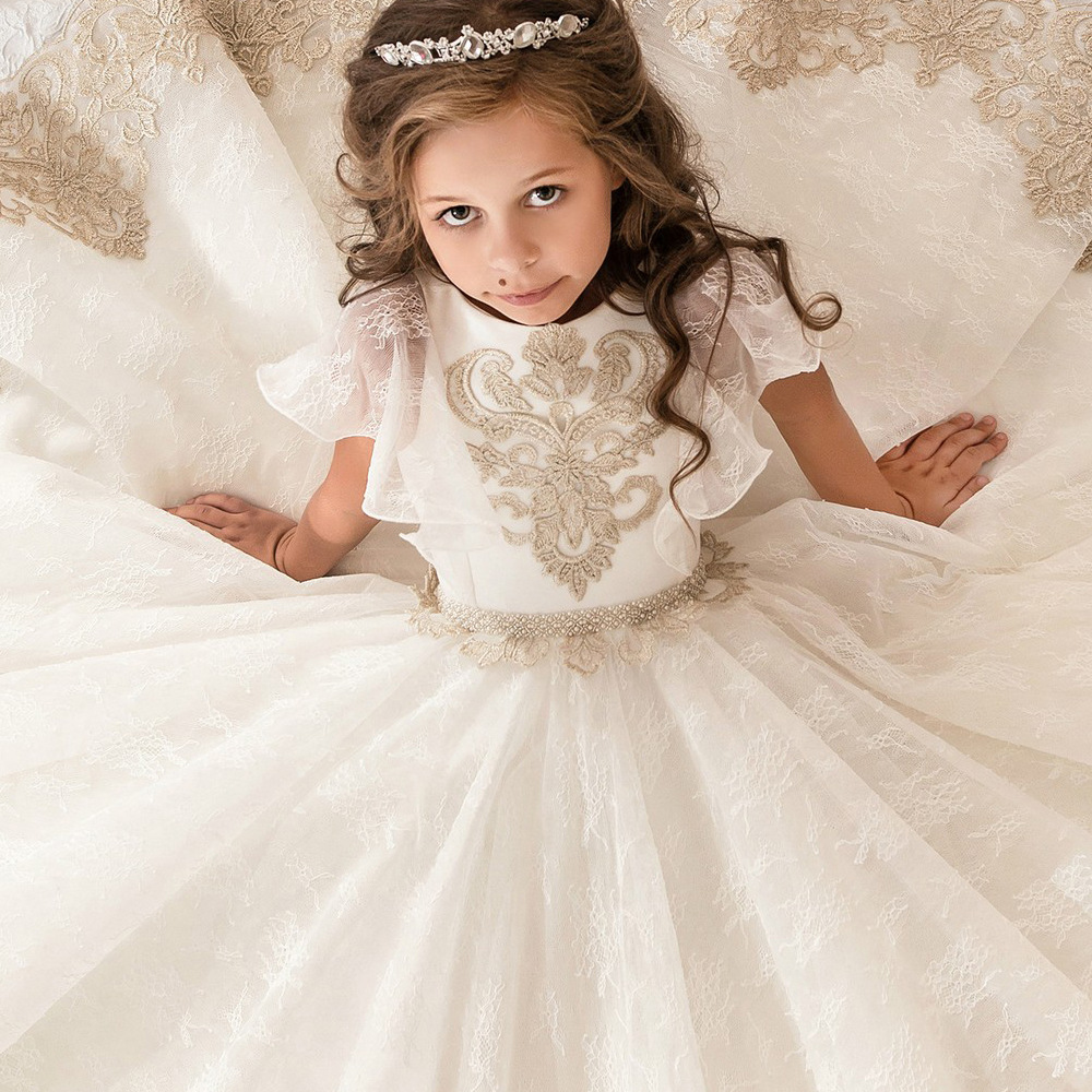 Transfronterizo europeo y americano nuevo comercio exterior retro completo encaje cinta chal Niña de pettiskirt flor vestido de novia de la niña puede ser enviado en nombre