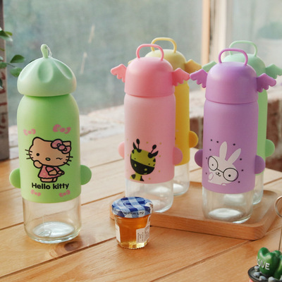 创意家居水瓶创意杯子 卡通玻璃杯 可爱硅胶水杯 礼品杯子定制