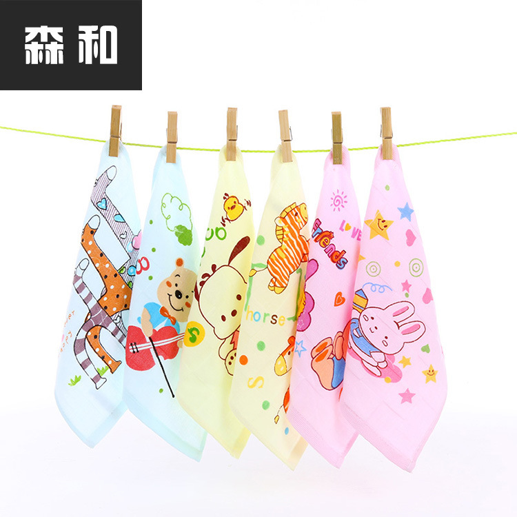 Printed cartoon pattern double cotton absorbent gauze square towel wholesale kindergarten towel wholesale LOGO custom