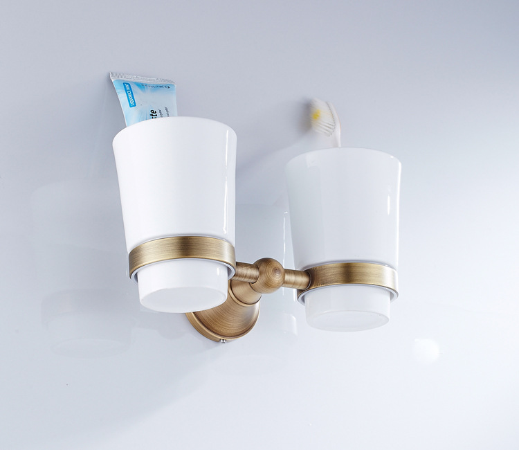 全铜复古欧式双杯架漱口杯架仿古壁挂式五金卫浴挂件