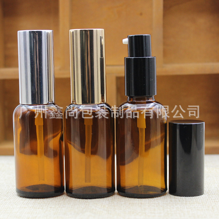 批发茶色玻璃精油瓶精油调配瓶乳液按压鸡嘴分装稀释空瓶30ml