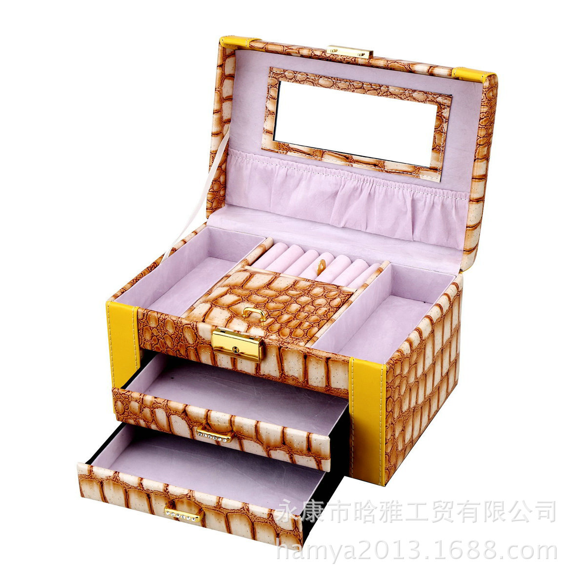 手提鳄鱼纹皮革首饰盒 三层小饰品盒 珠宝收纳盒 生日礼物首饰盒