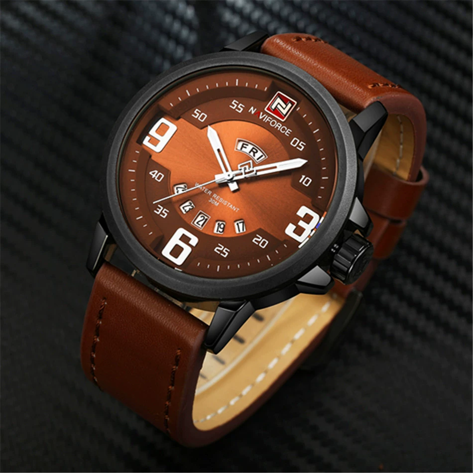Мужские кварцевые часы Naviforce Band Date с кожаным ремешком