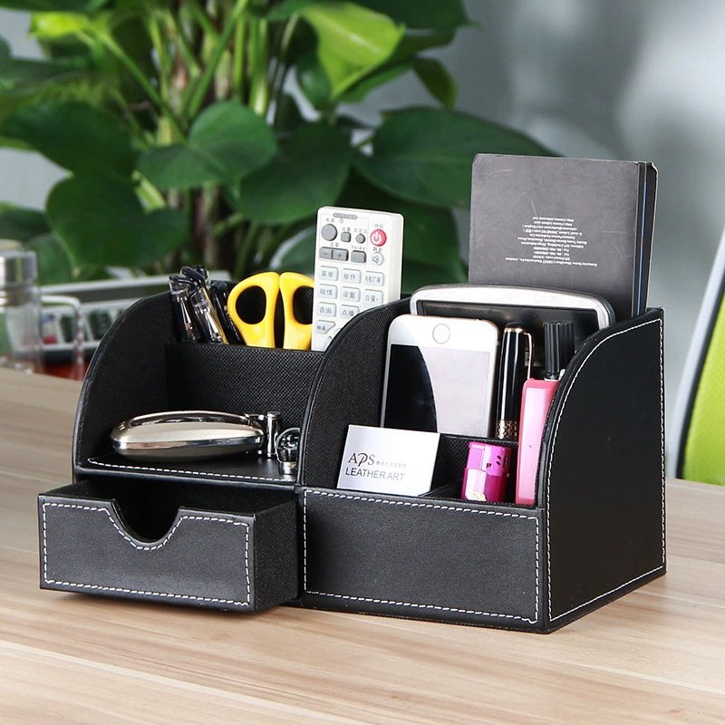 Wooden desk office pen holder with personalized name card holder, multi-purpose creative PU leather pen cup, factory