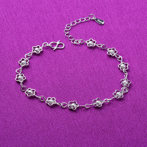 Wholesale silver chain with small hollowed-out plum blossom flowers, silver-plated handmade jewelry, sand-polished bead accessories for street stall supply