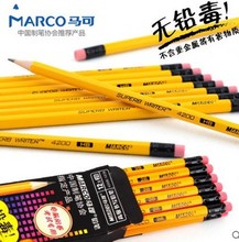 马可4200E-12CB学生带橡皮头黄杆铅笔HB 2B无铅毒六角铅笔 12支