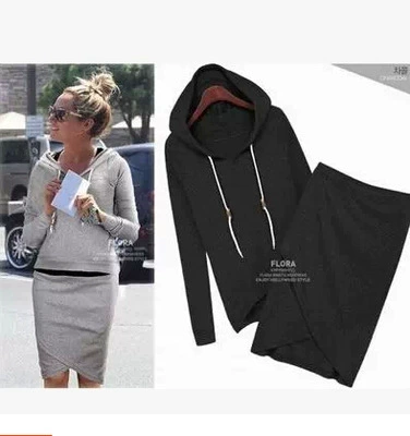 Повседневный свитер-костюм из двух частей в европейском и американском стиле с длинными рукавами и капюшоном + Асимметричная юбка