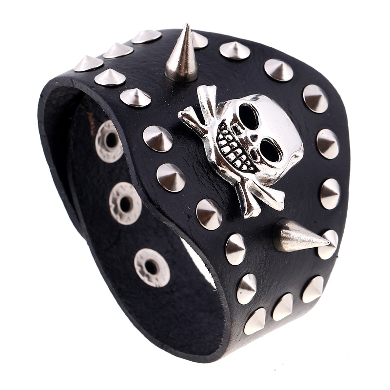 Studded Skull Leather Bracelet display picture 5