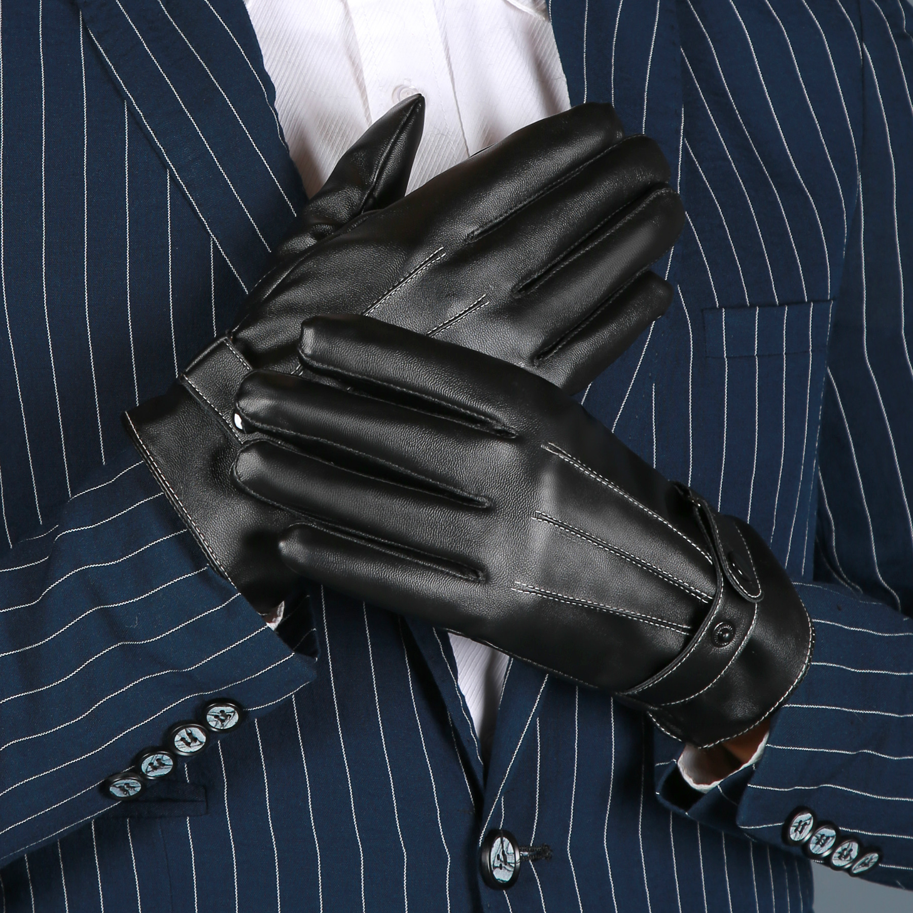 三道筋手套 加绒加厚加条现货皮手套 男冬触屏保暖防风白线辛集PU|ru